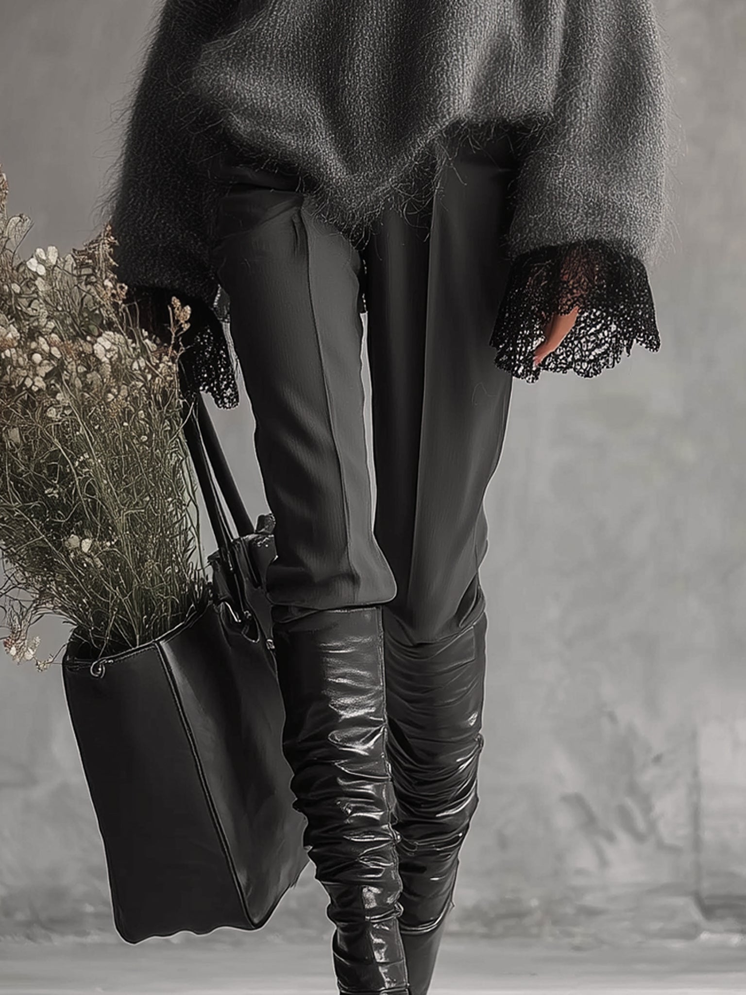 24-Hour-Shipping Gray Mohair Knit Sweater With Lace Cuffs