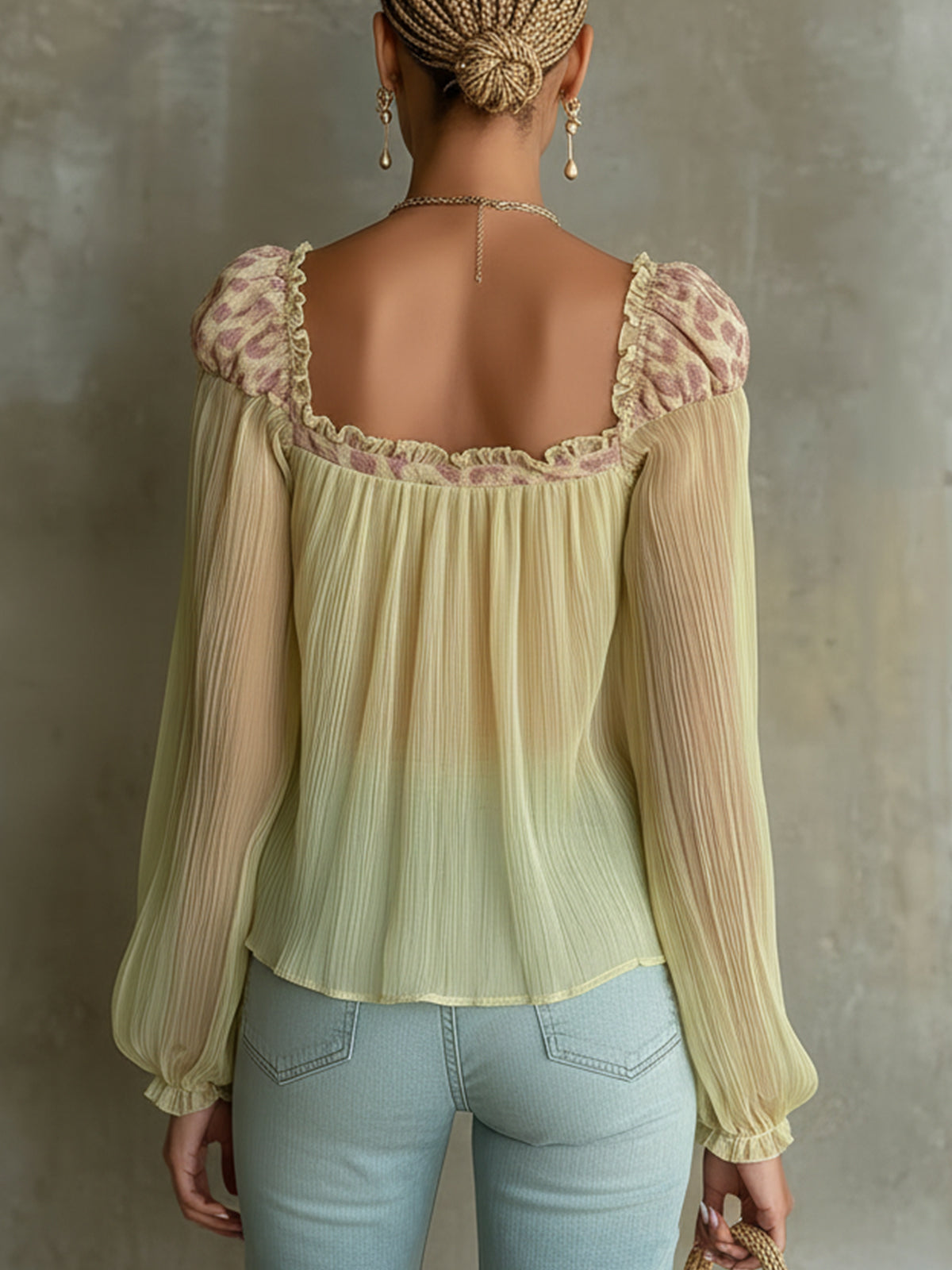 Green Pleated Chiffon Blouse With Leopard Print