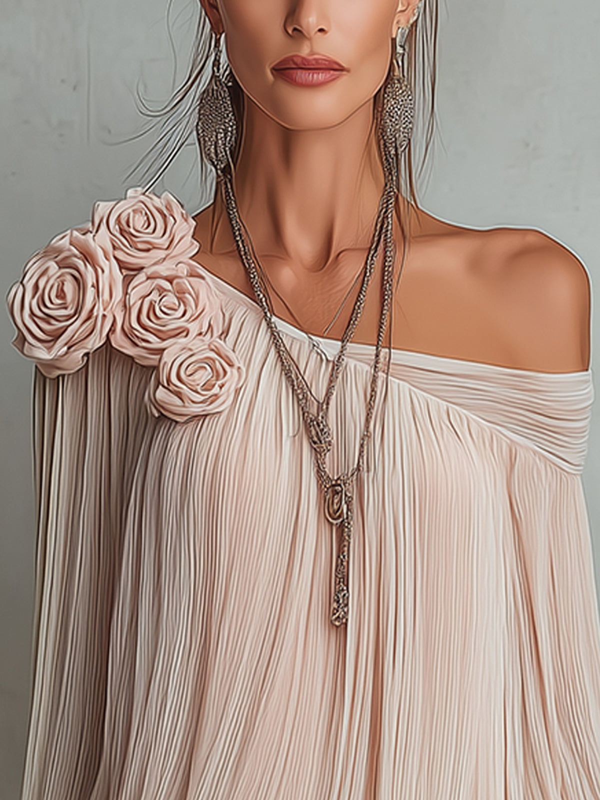 Pink Pleated Off-Shoulder Floral Accent Chiffon Blouse