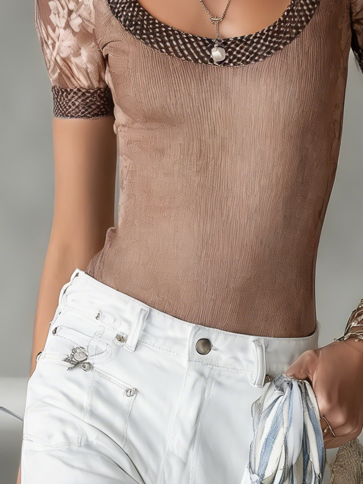 Brown Scoop Neck Contrast Trim Sheer Knit Top