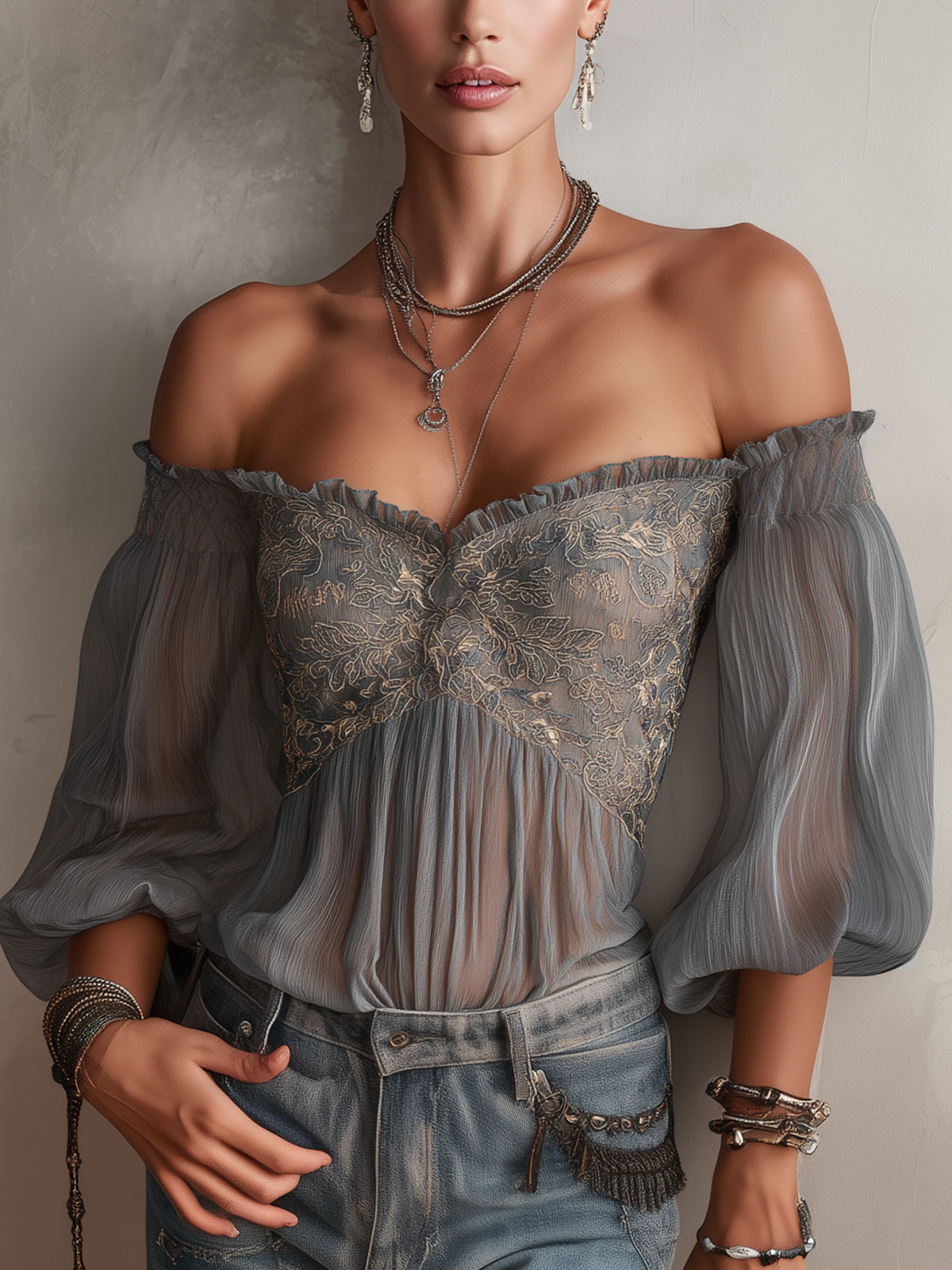 Gray Off-Shoulder Embroidered Chiffon Blouse