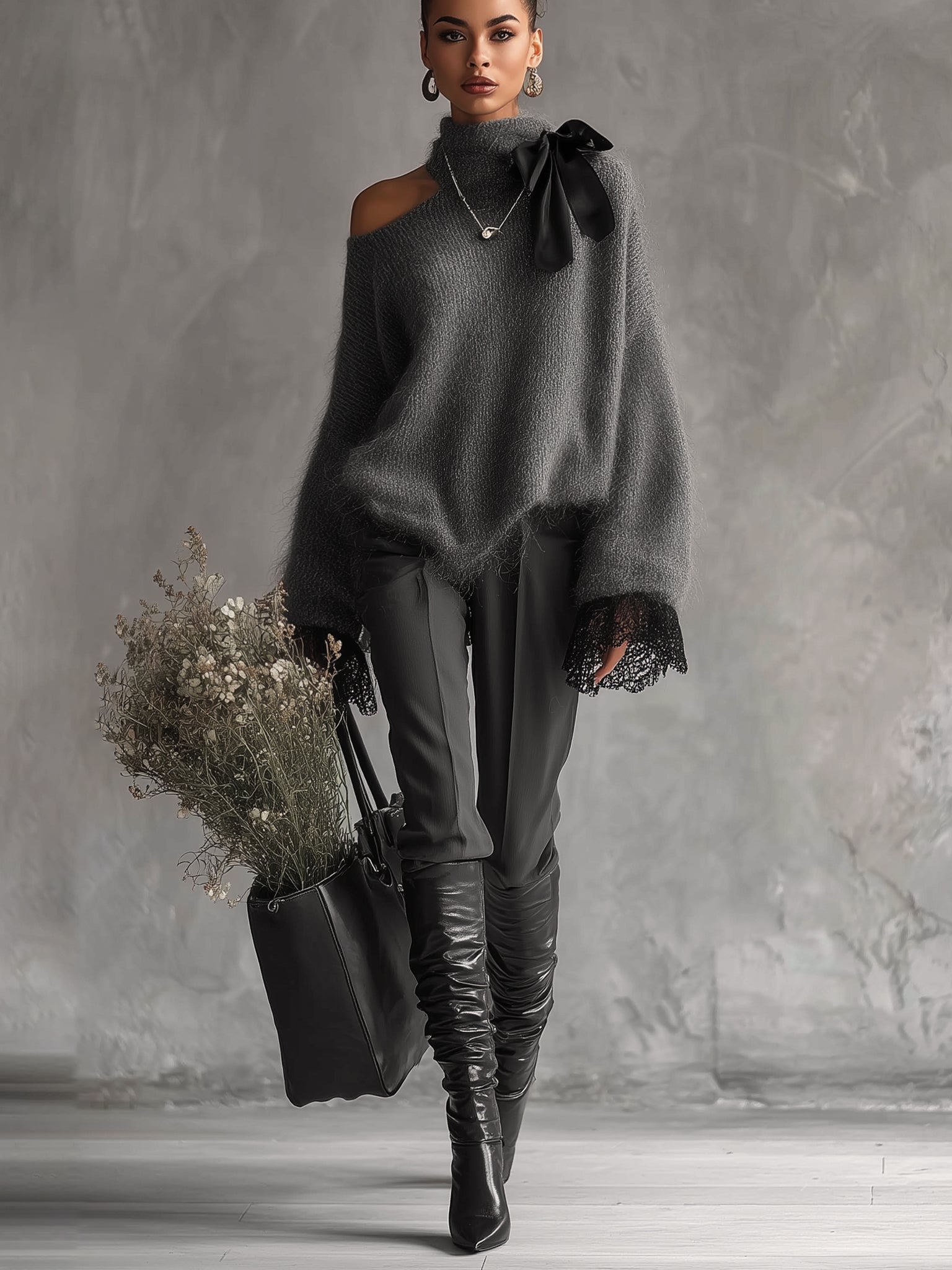 24-Hour-Shipping Gray Mohair Knit Sweater With Lace Cuffs