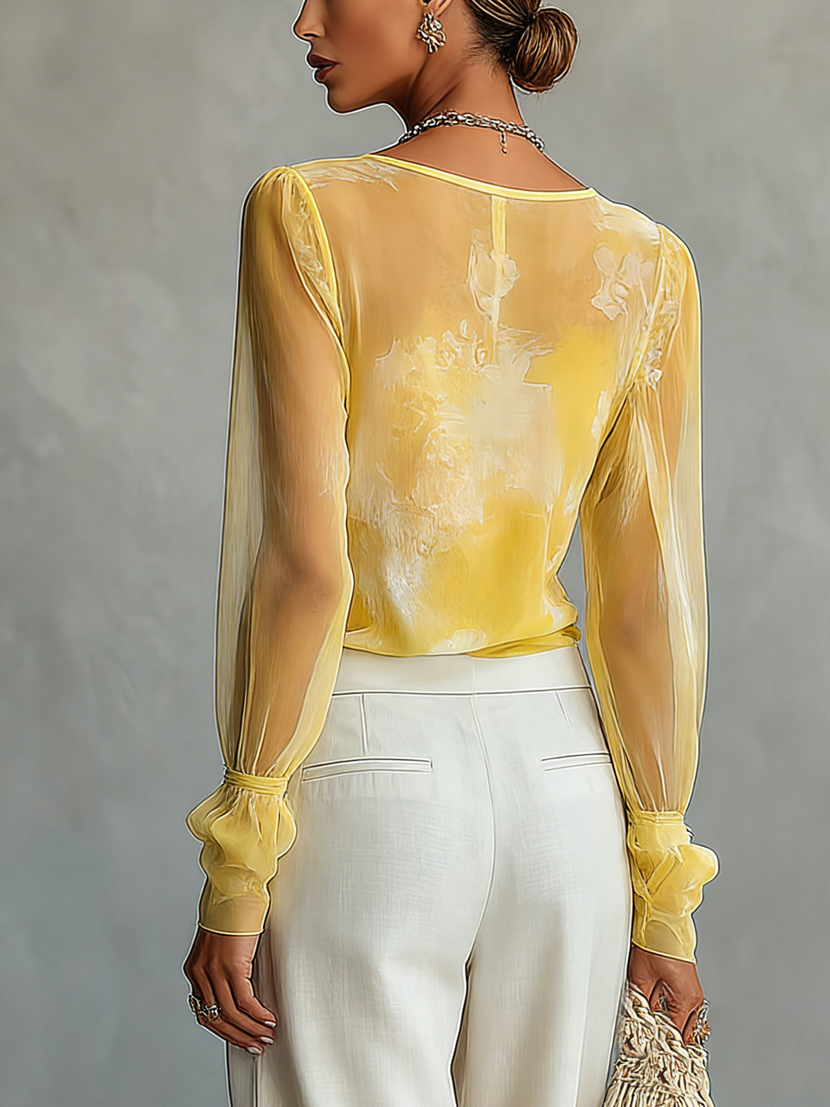 Yellow Sheer Chiffon Long Sleeve Blouse