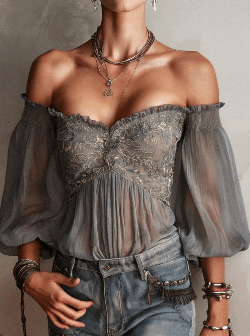 Gray Off-Shoulder Embroidered Chiffon Blouse