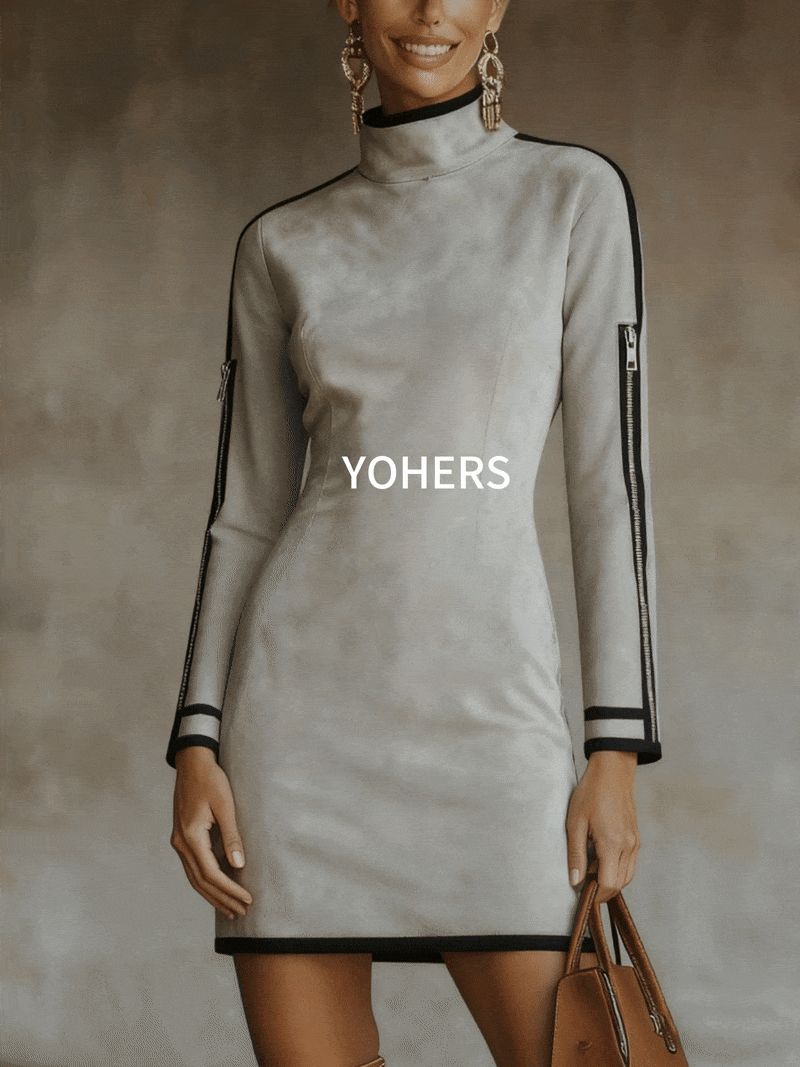 24-Hour-Shipping Gray Faux Suede Mock Neck Mini Dress With Zip Sleeve Detail