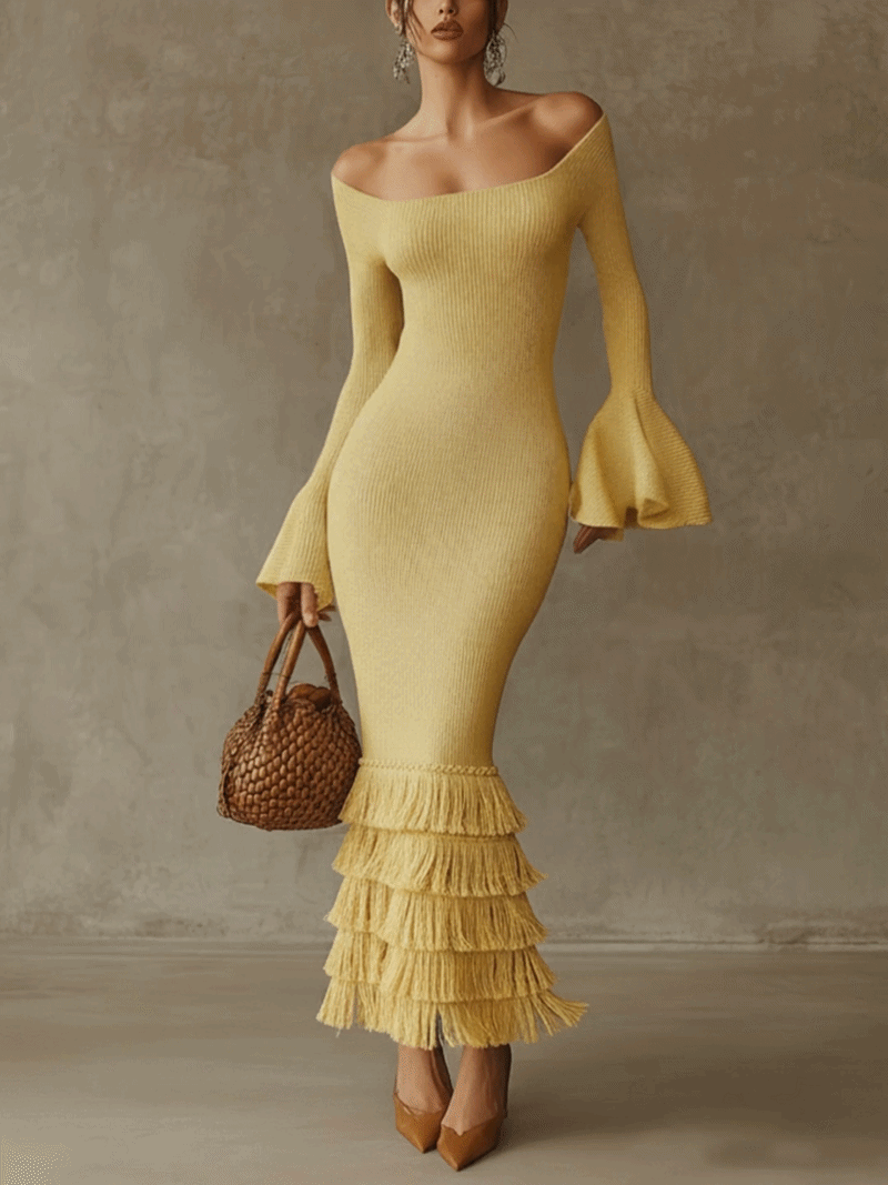 "Żółta Sukienka Bodycon z Odkrytymi Ramionami i Frędzlami" could be rewritten as "Żółta Sukienka Bodycon z Odkrytymi Ramionami i Stylowymi Frędzlami".